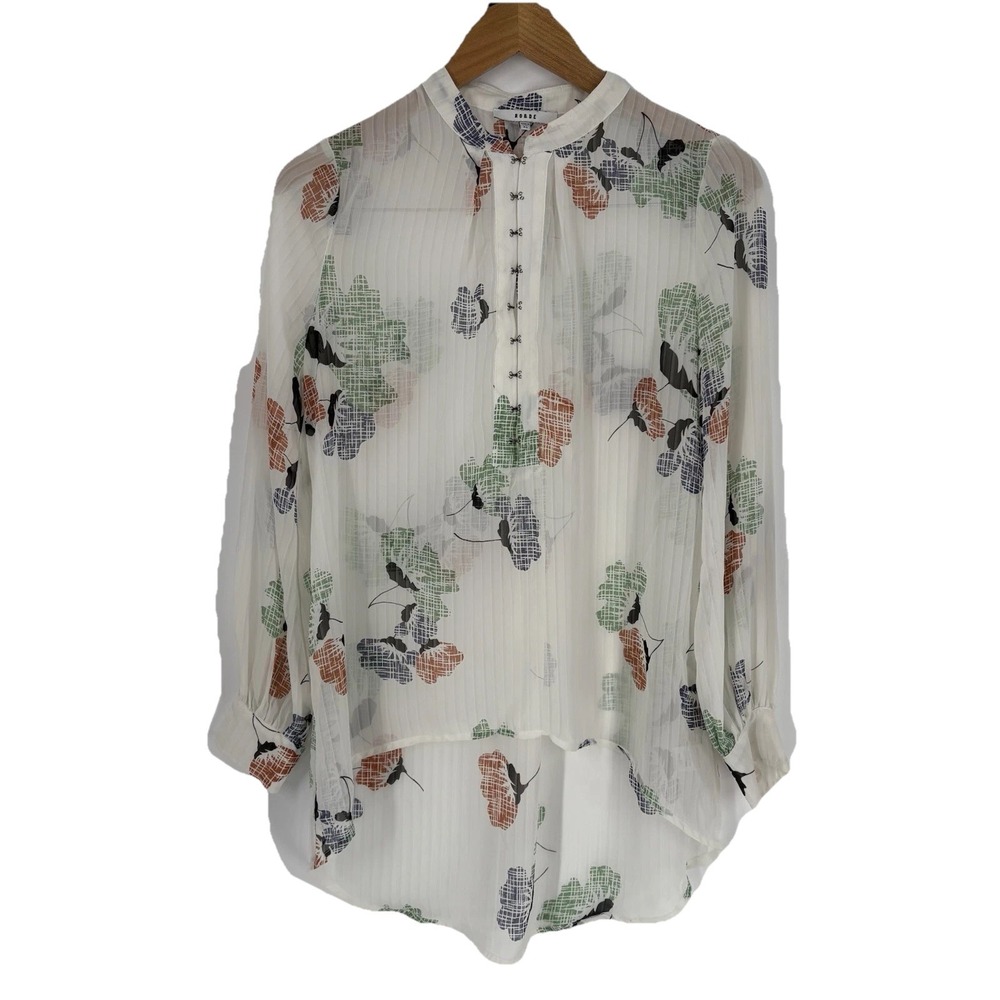 RO&DE Womens Long Sleeve Hook and Eye Placket‎ Woven Top XS Sheer Fairy Floral
